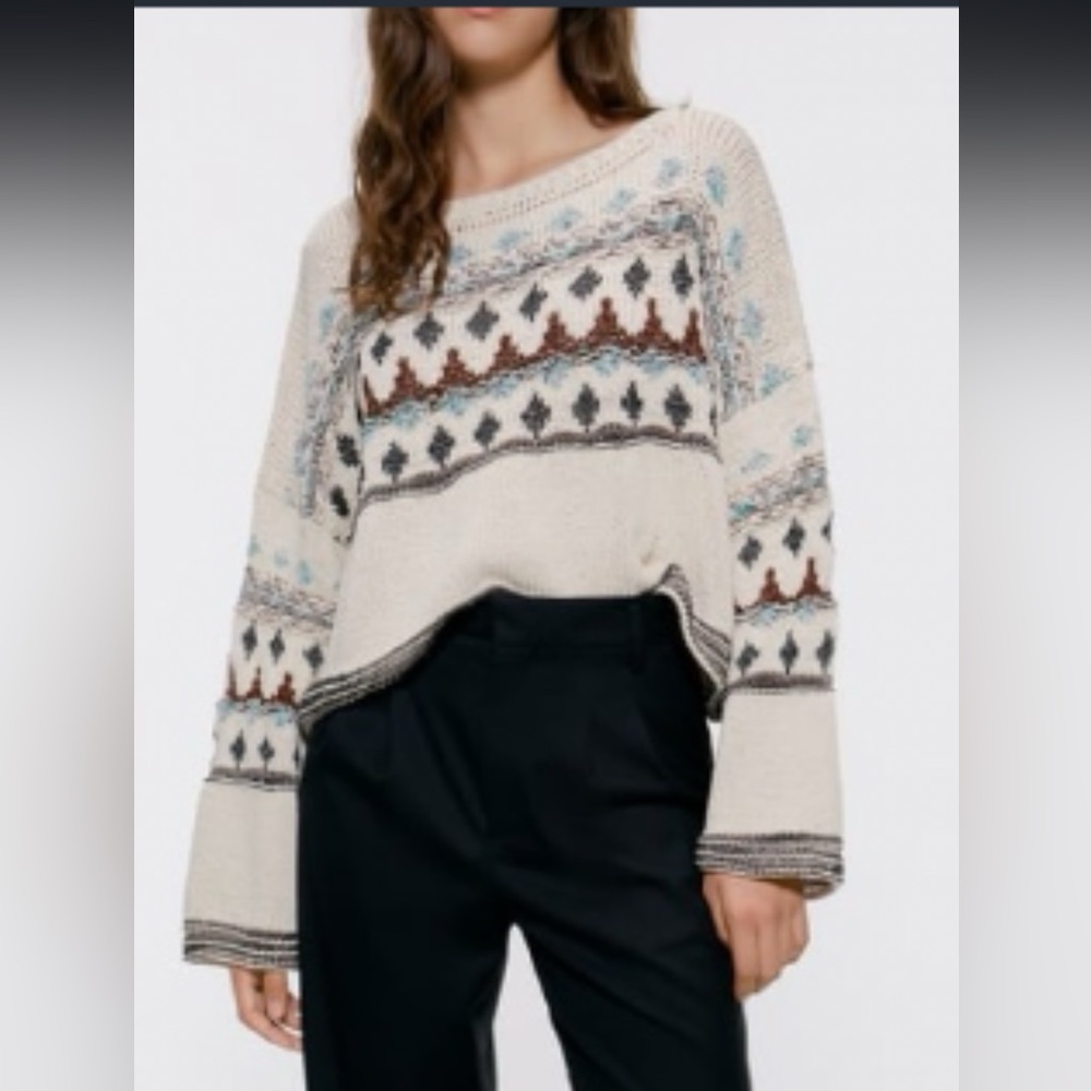 Zara jacquard cropped flowy bell sleeve cropped geo boho sweater sz m